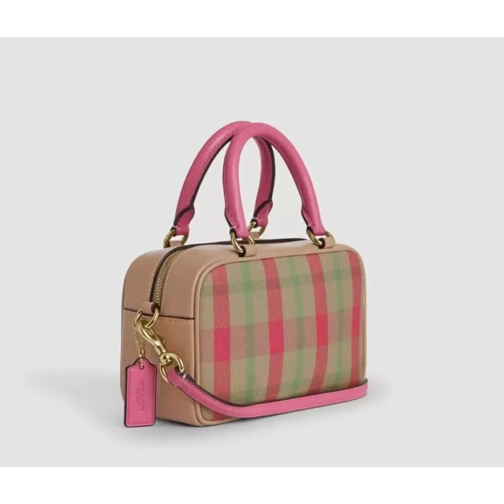 NWT Coach Satchel Crossbody Bag With Plaid Print CBI90 Pink Multi Authentic - Picture 7 of 10